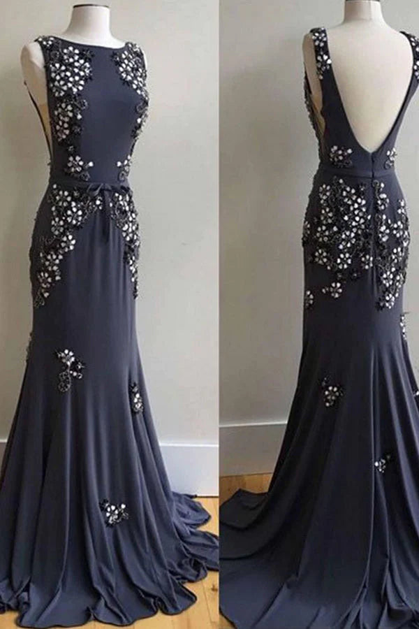 Vestidos de fiesta con escote redondo, sin mangas, espalda descubierta y cuentas
